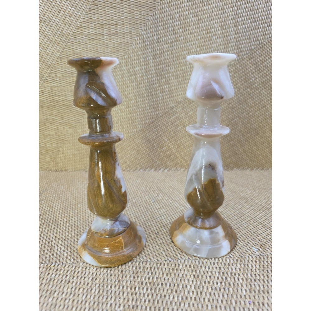 Vintage Onyx Stone Candlestick Holders Pair Brown White Swirl Marble Look 8"